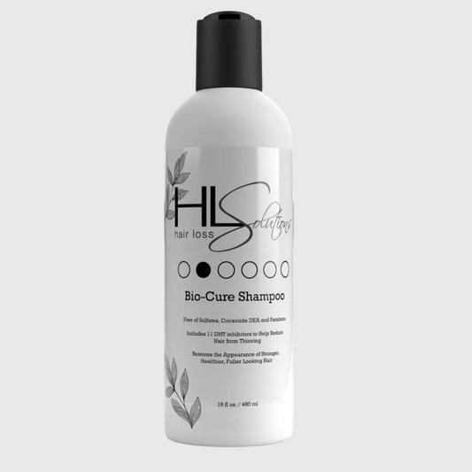 Shampoo bottle labeled 'HLS Selections Bio-Cure Shampoo' on a white background