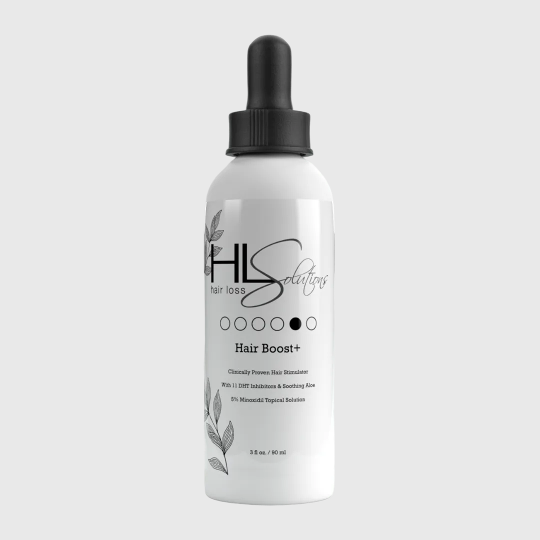 Hair boost bottle with dropper labeled 'HLS Solutions' on a light gray background