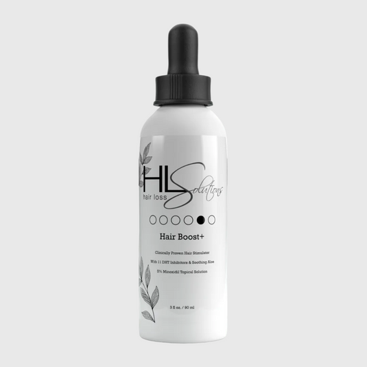 Hair boost bottle with dropper labeled 'HLS Solutions' on a light gray background