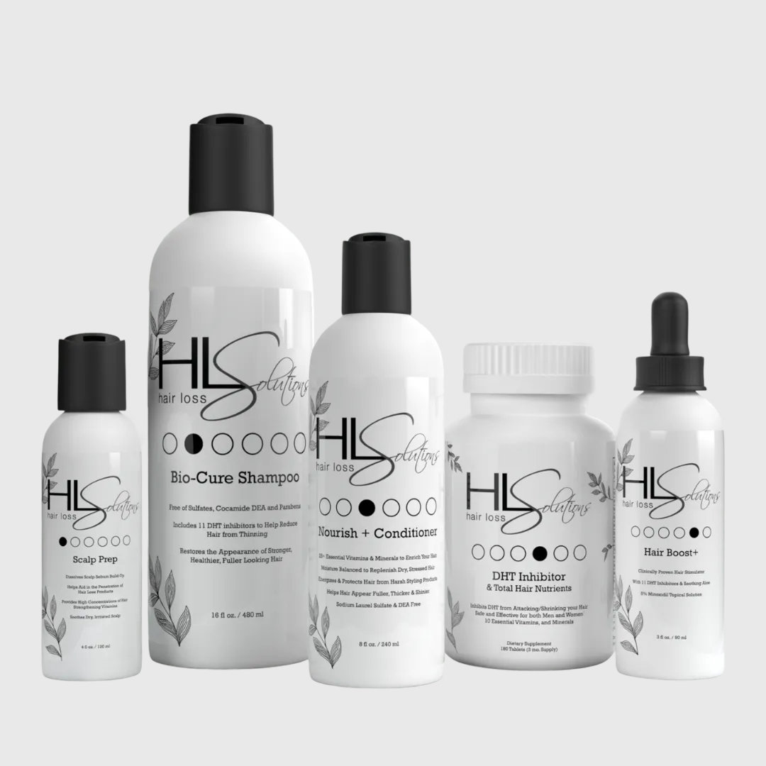 Set of HLS Solutions hair care products on a light gray background