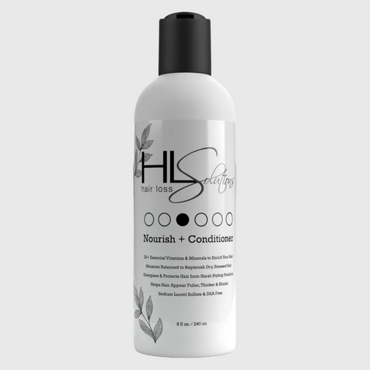 Bottle of HLS Solutions Nourish + Conditioner on a white background
