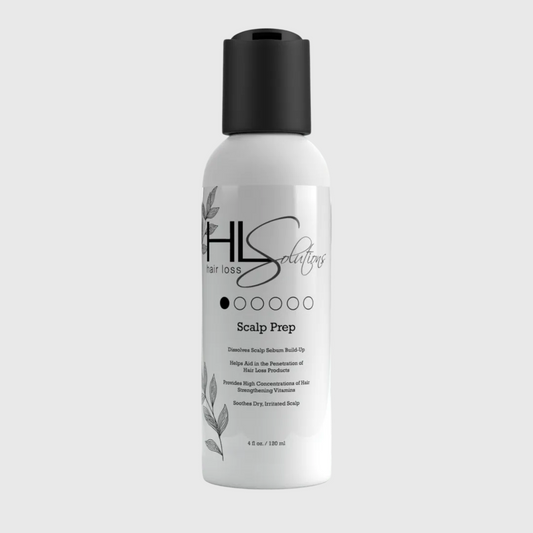 White bottle with black cap labeled 'HLS Solutions Scalp Prep' on a light gray background