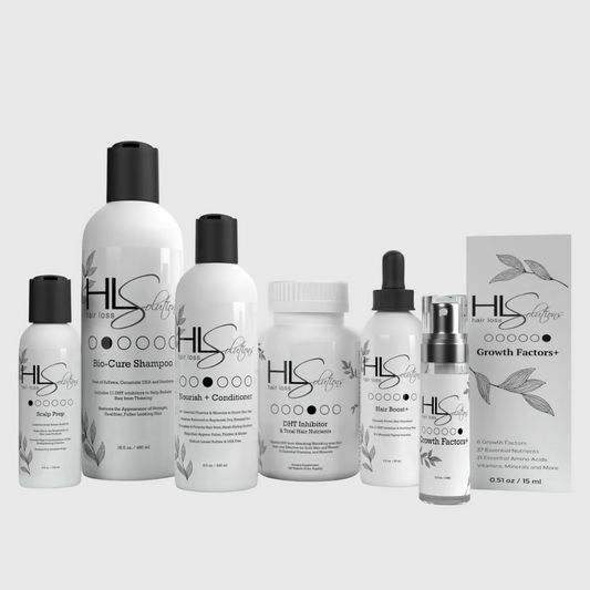 Collection of HLS Skincare products on a light gray background